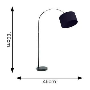 ValueLights Louis Black Arched Curved Floor Lamp with Navy Blue Fabric Drum Lamp Shade and LED Bulb