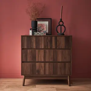 sweeek. 3-drawer chest with grooved wooden detail Linear Dark wood colour 80x40x80 cm