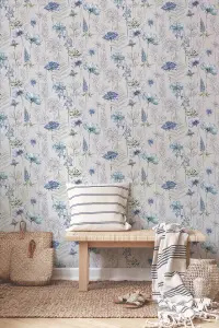 Fresco Floral Sketch Blue Wallpaper