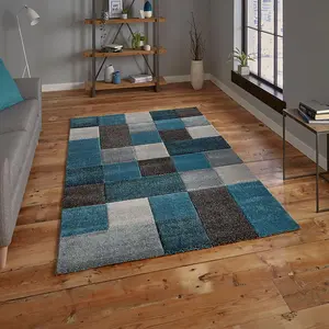 Blue/Grey Handmade Modern Easy to Clean Geometric Rug For Dining Room -60 X 230cm (Runner)