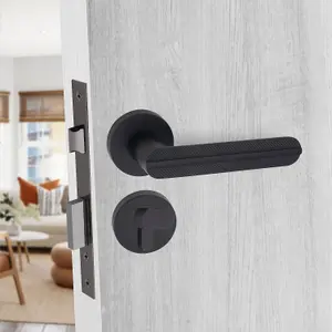 1 Pair Modern Lima Euro Lock Door Handles, 70mm Key & Thumbturn Barrell Matt Black Finish - Golden Grace