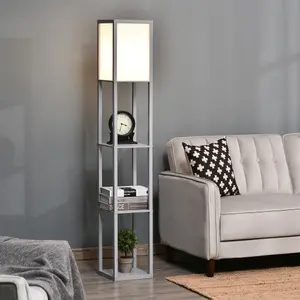 HOMCOM Floor Lamp Reading Lamp with 3-Tier Storage Shelf for Home Office Grey