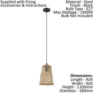 Hanging Ceiling Pendant Light Black & Wicker 1 x 40W E27 Hallway Feature Lamp