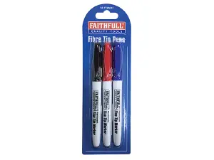 Faithfull 3 Permanent Marker Pens Fibre Tip Red Blue Black Pack FAIFTMMIX3