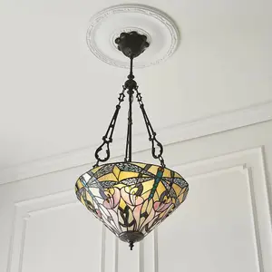 Tiffany Glass Hanging Ceiling Pendant Light Bronze Dragonfly 3 Lamp Shade i00074