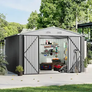 10x8ft Apex Roof Grey Waterproof Outdoor Metal Shed Garden Storage Shed with Base