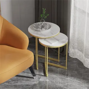 2 Piece Marble Nest Of Coffee Tables Round Top End Table Sofa Side Table Set