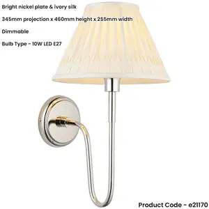 Indoor Bright Nickel Plate Wall Light - Ivory Silk Shade - Dimmable 10W LED E27