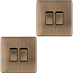 2 PACK 2 Gang Double Light Switch SCREWLESS ANTIQUE BRASS 2 Way 10A Slim Rocker