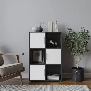 URBNLIVING 91cm Height 6 Cube Bookcase Black Wood White Door Metal Handle Display Storage Shelf