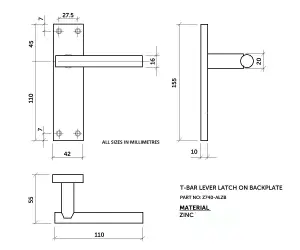 Z740 T Bar Matt Black Door Handles, Modern Lever on Latch Backplate, Pair - Handlestore