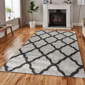 Modern Dark Cream Geometric Marrakesh Shaggy Area Rug - 60x220 cm