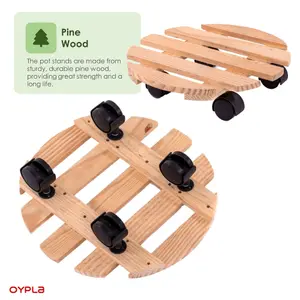 Oypla Set of 2 30cm Wooden Plant Flower Pot Mobile Mover Trolley Stands