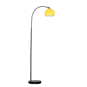 ValueLights Style Black Curved Stem Floor Lamp With Gloss Yellow Arco Style Metal Dome Light Shade With LED GLS Bulb in Warm White