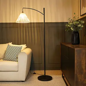 ValueLights Preto Black Metal Curve Stem Floor Lamp with a Rattan Wicker Tapered Shade