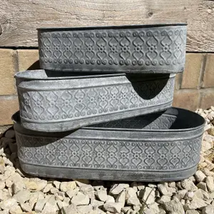 Galvanised Zinc Floral Metal Planter Garden Flower Pots Trough Set of 3 OR 1