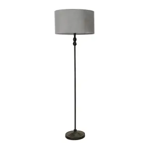 ValueLights Maggie Black Metal Candlestick Floor Lamp with Grey Velvet Lamp Shade and LED Bulb