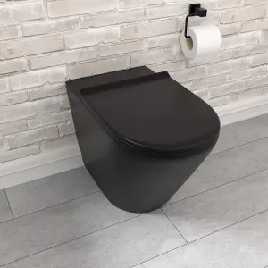 Nes Home Rimless Round Back To Wall Toilet Pan & Soft Close Seat Matte Black