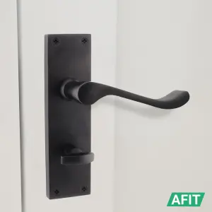 AFIT Matt Black Victorian Scroll Bathroom Door Handle Set - 1 Pair of Black Internal Lever Handles on Backplate with Lock (64mm)