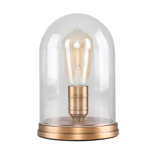 ValueLights Aged Brass Effect Metal Base and Clear Glass Dome Table Lamp With LED Amber Tinted Squirrel Cage Light Bulb