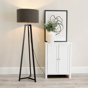 ValueLights Lottie Black Wood Tripod Floor Lamp with Charcoal Grey Boucle Drum Shade