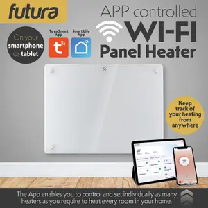 Futura Electric 1000W WIFI Glass Radiator Panel Heater White Wall Mounted or Floor Standing Bathroom Safe Timer and Thermostat