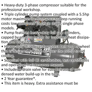 200 Litre Belt Drive Air Compressor - 3 Phase 5.5hp Motor - Triple Cylinder Pump