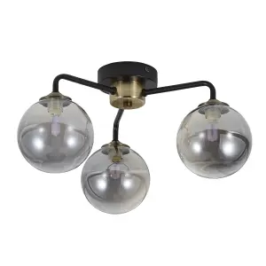 Inlight Agile Flush Matt Glass & metal Black Antique brass & smoked glass effect 3 Lamp LED Ceiling light