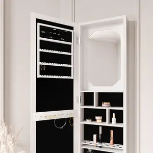 Crystal Wall Door Mounted Full Length Mirror Jewellery Cabinet with LED Lights & Hair Dryer Holder Makeup Storage White