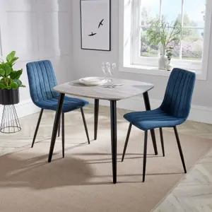 Core Products Aspen Grey Oak Effect 80cm Square Dining Table with 2 Blue Cord Fabric Straight Stitch Design Chairs