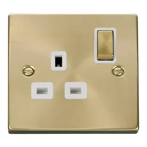 Satin / Brushed Brass 1 Gang 13A DP Ingot Switched Plug Socket - White Trim - SE Home