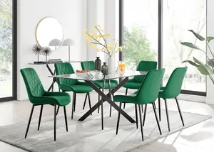 Furniturebox UK Leonardo Black Leg Glass Dining Table & 6 Green Pesaro Black Leg Chairs