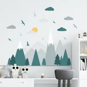 Walplus Colourful Mountain Landscape,Dark Green Scandinavian Style,Children Wall Sticker Kids Sticker PVC Green Grey