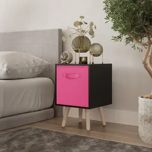 URBNLIVING 50cm Height Dark Pink Drawer Cube Black Shelving Unit with Scandinavian Pine Legs