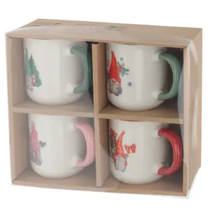 URBN-CHEF 200ml Set of 4 Xmas Christmas Gnome Design Small Porcelain Mugs Coloured Handles