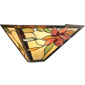 Tiffany Glass Wall Light Cream & Bold Red Flower Shade Interior Sconce i00251