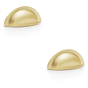 2 PACK - Ridged Cup Handle - Satin Brass - 76mm Centres Solid Brass Shaker Drawer Pull