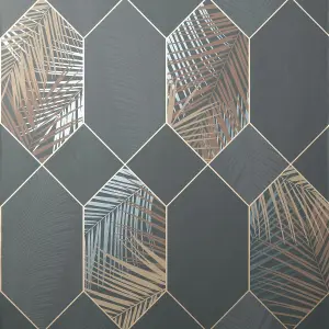 Miami Geometric Leaf Wallpaper Charcoal / Copper Fine Decor FD42833