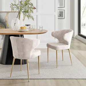 Cream Velvet Dining Chair With Quilting Design Gold Legs Set Of 2