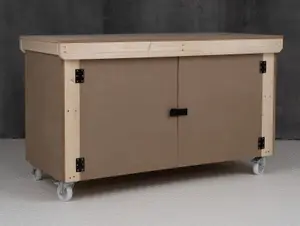 Wooden MDF Top Workbench With Lockable Cupboard (V.9) (H-90cm, D-70cm, L-180cm) double shelf and wheels