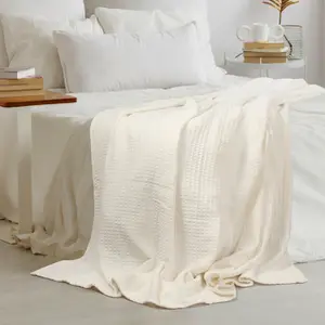 EHC Luxuriously Soft Chunky Waffle Cotton Throws Large Sofa Bed, Sofa, Couch Blanket Bedspread, Double, 150 x 200 cm - Ivory