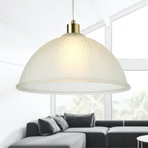 First Choice Lighting Set of 2 Frosted Ribbed Glass with Satin Brass Ceiling Pendants