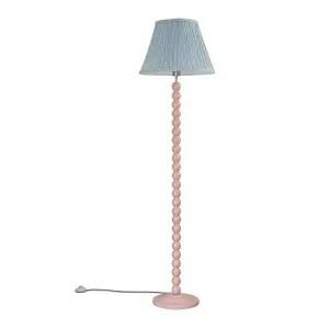 ValueLights Bobbles Rose Pink Bobbin Floor Lamp with Blue Pleated Shade