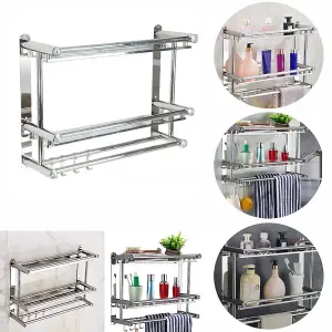 2 Tier Chrome Wall Mounted Stainless Steel Bathroom Shelf Towel Rail with Towel Bar Rod Hooks