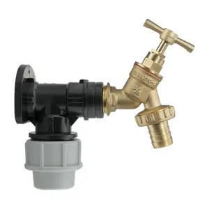 25mm mdpe compression backplate/wallplate with classic brass bib tap + hose barb+PTFE TAPE