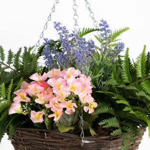 Blooming Artificial - 50cm / 1.75ft Pink Faux Wild Flower Hanging Basket