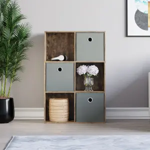 Vida Designs Durham Dark Wood 2x3 Cube Storage Unit & Set of 3 Grey Foldable Cube Storage Baskets