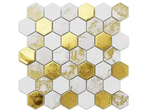 Hexagon glass mosaic on mesh for bathroom or kitchen 300mm x 303mm - White Lava