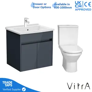 VitrA 600mm Wall Hung Bathroom Vanity Unit with 2 Doors Includes Basin, Chrome Tap and Close Coupled Toilet Set - Grey Gloss