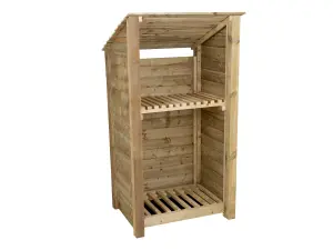 Wooden log store (roof sloping back) with kindling shelf W-99cm, H-180cm, D-88cm - natural (light green) finish